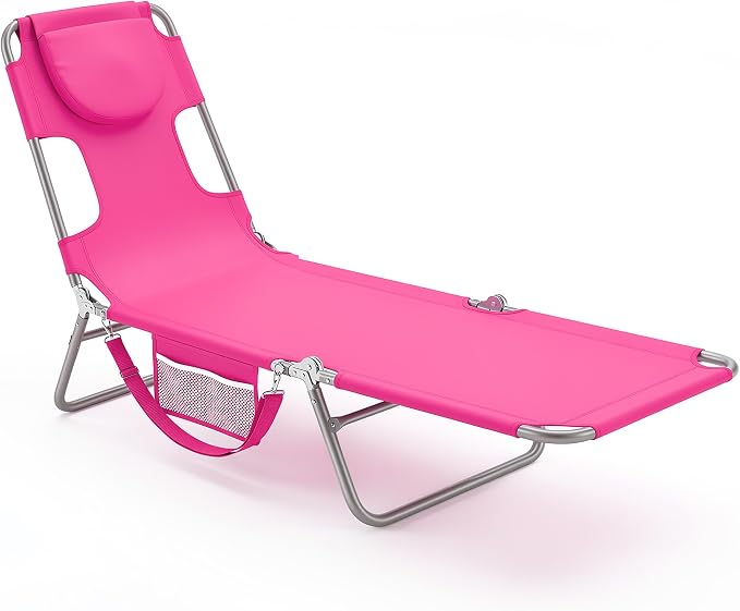 DUMOS Lounge Chair Outdoor, Beach Tanning Chair with Face Hole, Pink | 5-Position Adjustable Sunbathing Tanning Chair, Foldable Portable Chaise Lounge by Pool Patio Lawn Camping Reading, Arm Hole