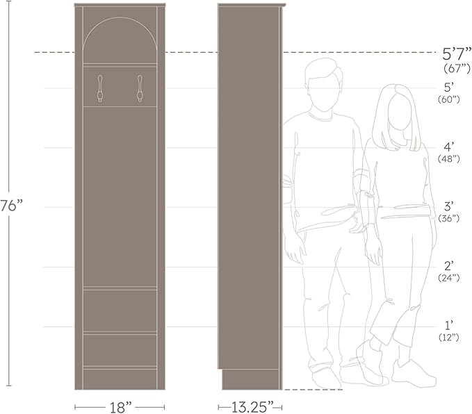 Prepac Ark 76" Tall Arched Entryway Coat Rack in Black Oak with Natural Oak Interior, Hall Tree with 2 Adjustable Shelves, Modern Furniture for Entryway and Living Room, 13.25" D x 18" W x 76" H