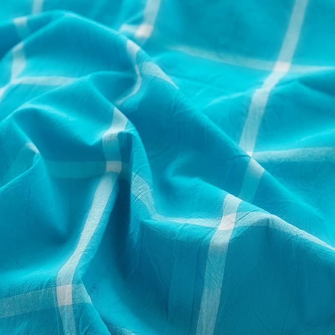 FACE TWO FACE Bedding Duvet Cover Set 3 Pieces 100% Washed Cotton Duvet Cover Linen Like Textured Breathable Durable Soft Comfy (Queen, Turquoise Grid)