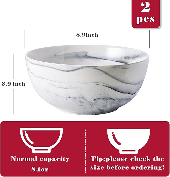 Yundu 9'' Deep and Large Mixing Bowls,84 oz Porcelain Serving Bowls for Pasta Fruit Soup Salad, Set of 2-Grey Marbled