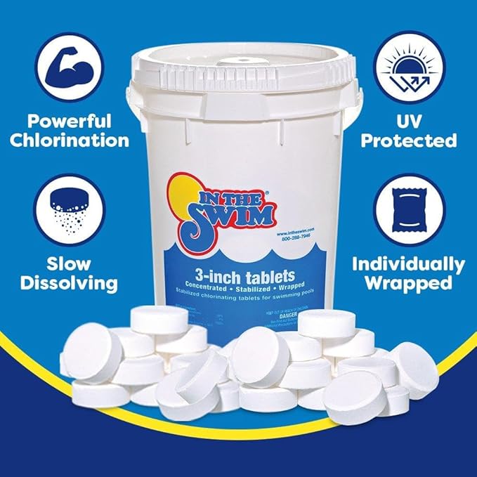 In The Swim Chlorine and Shock Bundle for Sanitizing Swimming Pools – Includes 5 Pound Bucket of 3 Inch Stabilized Chlorine Tablets and 6 x 1 Pound Bags of 68% Cal-Hypo Pool Shock