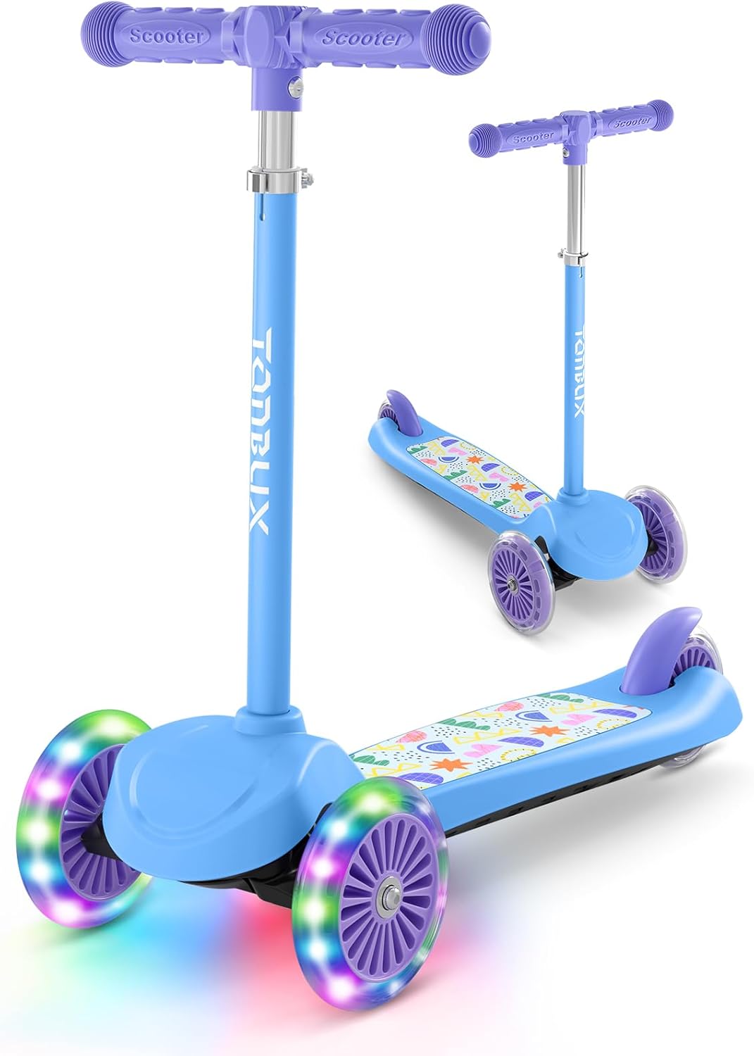TONBUX Kids Scooter - Light-Up Wheels & Adjustable 4-Level Height | 3-Wheel Lean-to-Steer Design for Ages 3-8