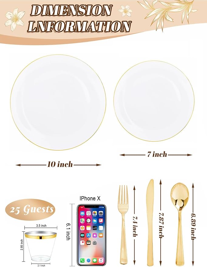 WDF 150Pcs White and Gold Plastic Plates - Gold Plates Disposable - 25guest Disposable Dinnerware Include 25 Dinner Plate, 25 Dessert Plate, 25 Cutlery & 25 9oz Cups for Wedding & Thanksgiving Party