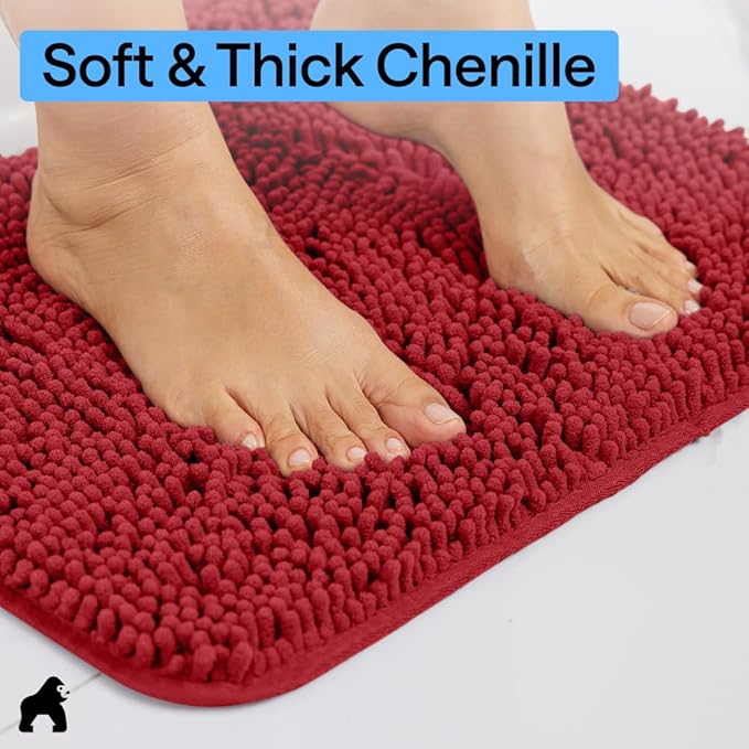 GORILLA GRIP Plush Absorbent Shaggy Chenille Bath Rug Mat for Oval Toilet Base with Rubber Backing, Machine Washable Rugs, Soft Microfiber Contour Mats for Toilets, Quick Dry, Bathroom Decor, Red