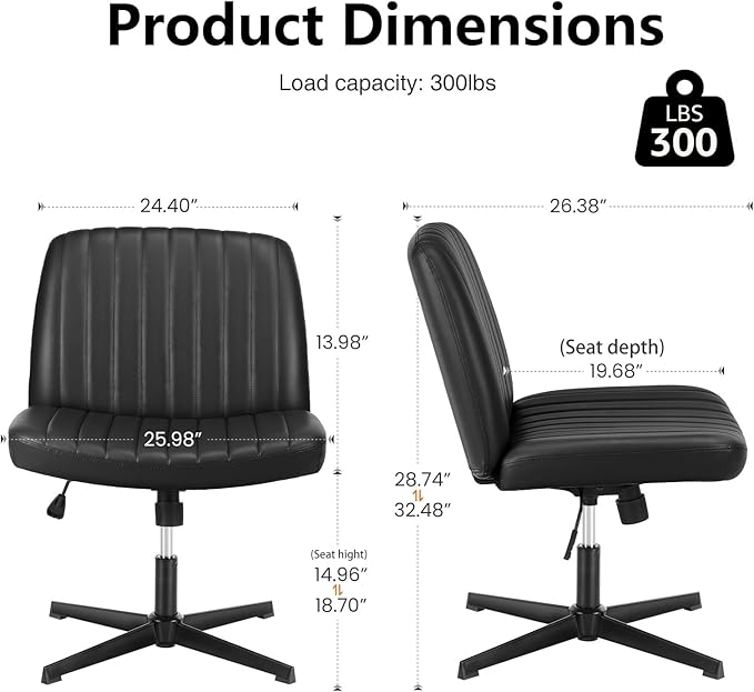 OLIXIS Criss Cross Legged Chairs Armless No Wheels Wide Seat Height Adjustable Swivel Padded PU Leather Home Office Desk Seating for Bedroom, Student, Study Room