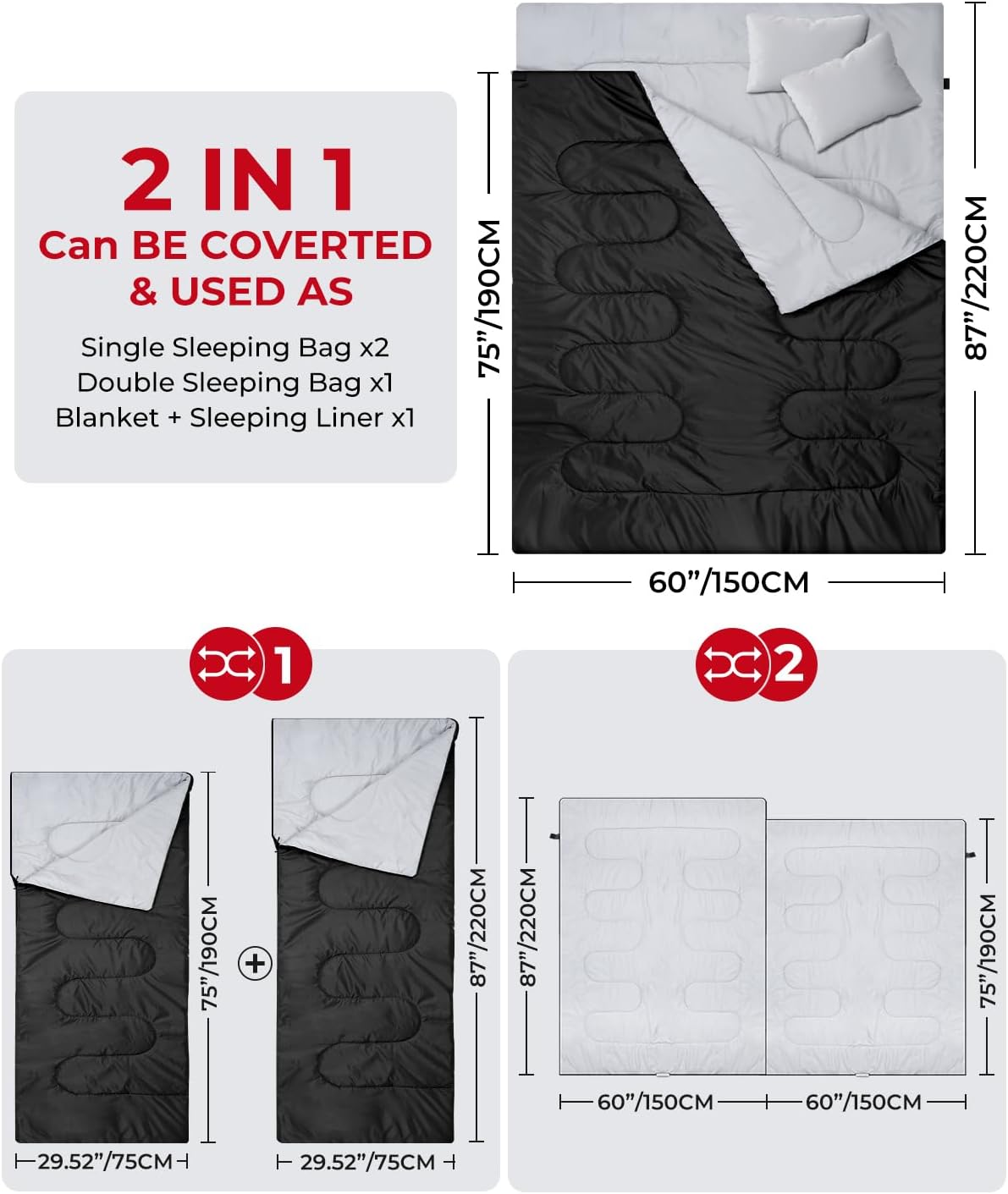 Queen Size Ohuhu Double Sleeping Bag for 2 - 3 Season Waterproof Camping with 2 Pillows, 87'' x 60''