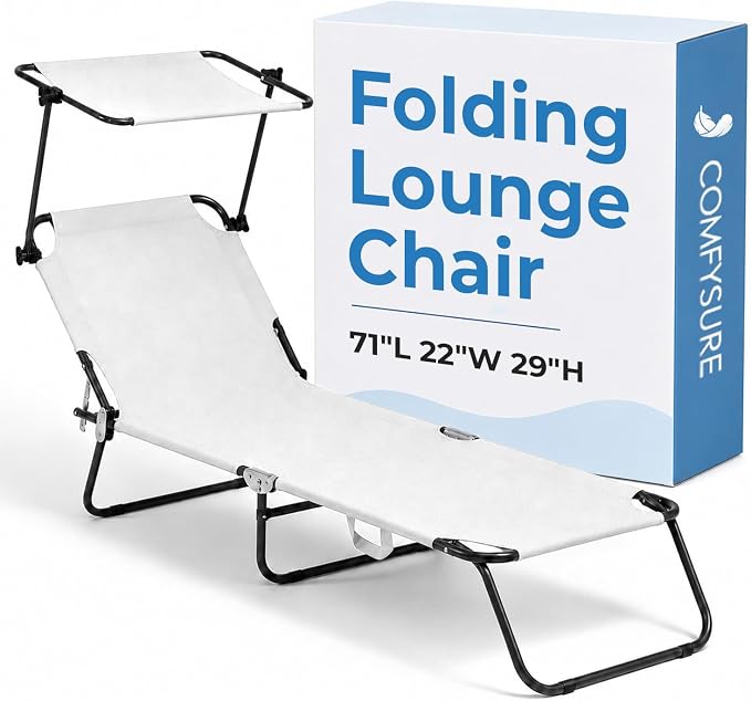 Folding Outdoor Lounge Chair with Canopy - Portable & Adjustable Beach Lounge Chair - 5-Positions, Carry Handles, 600D Fabric, 220 lbs Capacity – Tanning Chaise Lounge for Beach, Patio, Lawn
