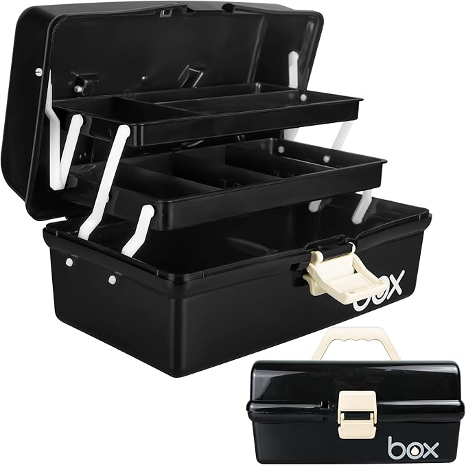 12in Three-Layer Multipurpose Storage Box Organizer Folding Tool Box/Art & Crafts Case/Sewing Supplies Organizer/Medicine Box/Family First Aid Box with 2 Trays (Black)…