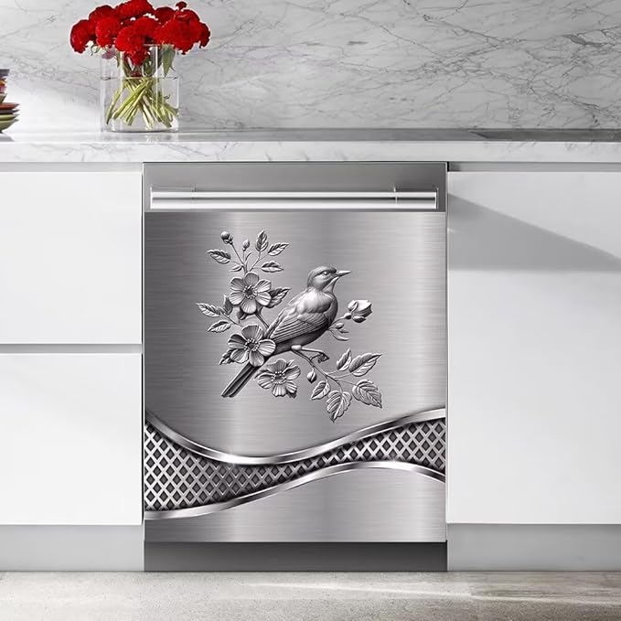 Stainless Steel Design Bird Pattern Kitchen Decorative Dishwasher Cover Magnet Sticker,Fridge Panel Door,Refrigerator Decal Home Decor 23x17inch