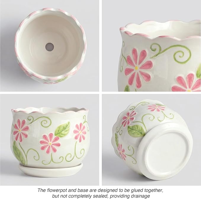 STHIE Pink Ceramic Flower Pots, 4"+5.2"+6.6" Inch Small Flower Pots for Indoor Plant with Drainage Hole,Modern Decorative Plant Pots Set of 3, Indoor Planters with Saucer