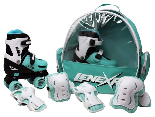 Lenexa Go GRO Adjustable Quad Roller Skate Bundle – Kids Roller Skates with Wrist Guards, Knee Pads, Elbow Pads, and Matching Backpack (Black, Teal, Adjustable Medium (12J to 2)
