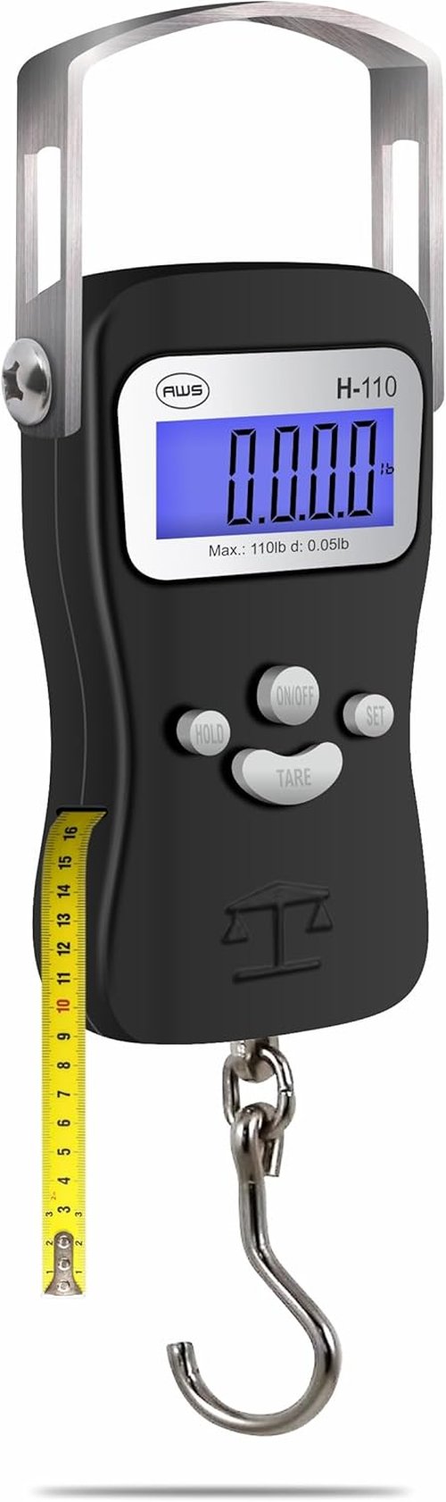 AWS Digital Luggage Scale - 110lb Capacity Hanging Scale with Built-in Tape Measure & Hook | Durable Metal Construction (Black)
