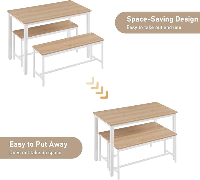 Dining Table Set for 4, Kitchen Room Table Set with 2 Benches, 3-Piece Dining Chairs Set for Breakfast Nook, Original