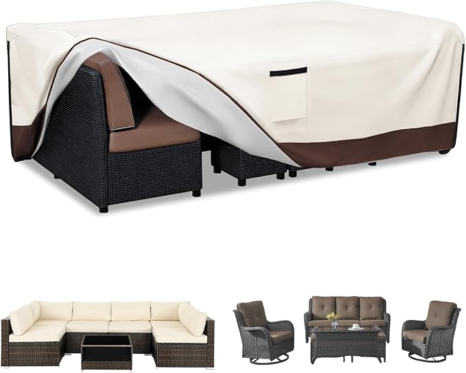 Patio Furniture Covers Waterproof,600D Heavy Duty Patio Cover for 6/7/8 PCS Sets Sectional Sofa Couch Dining Rocking Swivel Chairs Ottomans Coffee Table,111L x 74W x 28H inch Beige & Brown