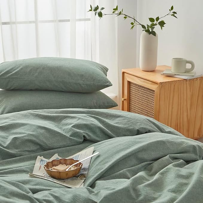 FACE TWO FACE Bedding Duvet Cover Set100% Washed Cotton Duvet Cover Linen Like Textured Breathable Durable Soft Comfy (Queen, Reversible Green)