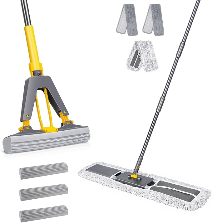 Masthome 36" Commercial Mop with 3 Microfiber Pads & Sponge Mop and Stainless Steel Handle with 3 Absorbent Mop Refills - Home & Office Suitable