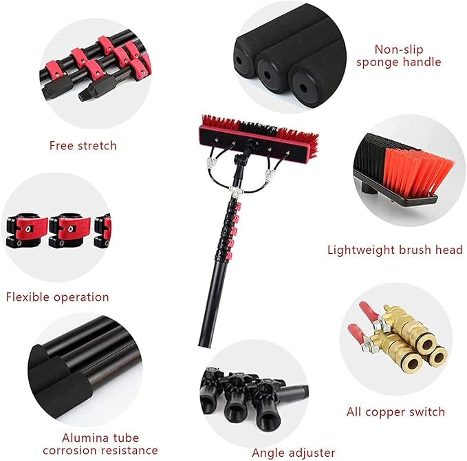 Telescopic Cleaning Brush, Multi-Purpose Water Spray Brush, Solar Panel Cleaning Equipment, Telescopic Hydrocleaner, 3.6m-10.8m, Roof Cleaning Tools Window Cleaner Kit,30ft/9m-55cmBrushhead