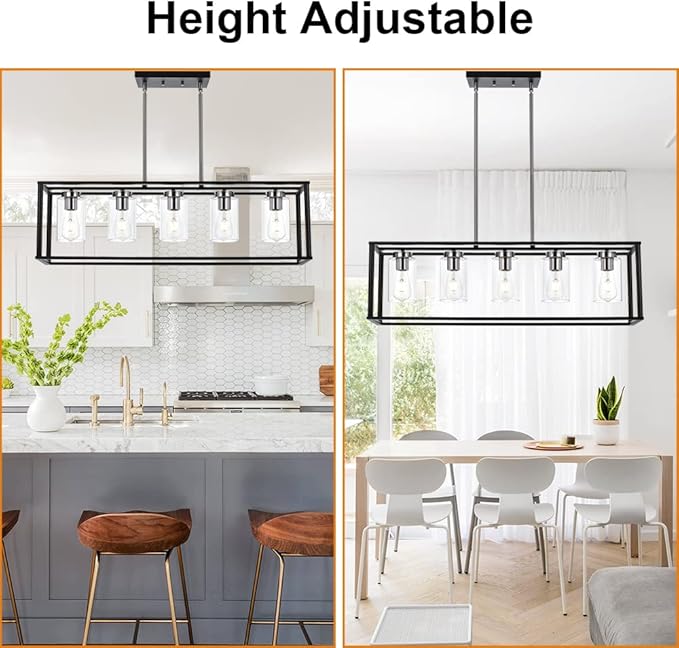 VINLUZ Modern Chandeliers Brushed Nickel and Black 5 Light Rectangle Dining Room Lighting Fixtures Hanging with Clear Glass Shade, Farmhouse Kitchen Island Pendant Lights Ceiling for Living Room