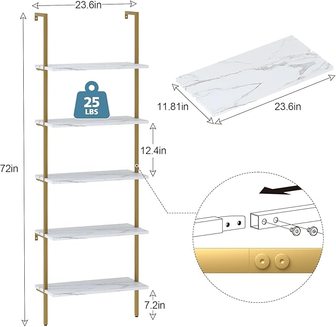 aboxoo Ladder Shelf White Marble Bookshelf 5-Tier Wall-Mounted Wood Rack