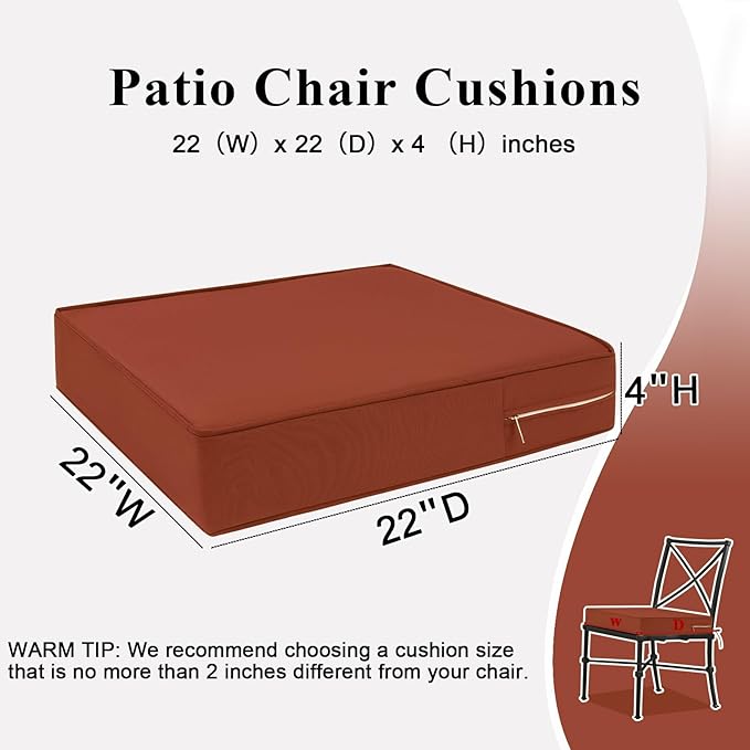 Outdoor Chair Cushions 22x22x4 Inch, Waterproof Spice Patio Furniture Cushions Set of 2 with Ties & Handle, 3 Year Color Fastness Square Replacement Seat Cushions for Sofa, Couch