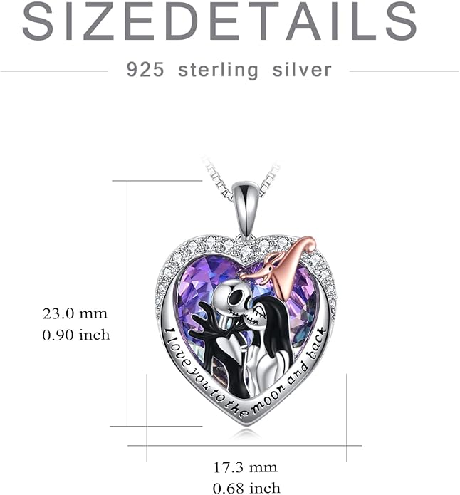 LILALO Christmas Gifts Nightmare Necklace Sterling Silver Abalone Shell Crystal Jack and Sally Necklace Jack Skellington Skull Jewelry Skull Necklaces for Women