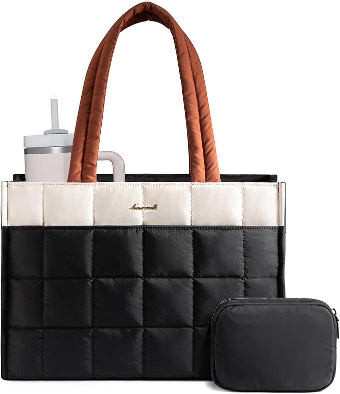 LOVEVOOK Tote Bag for Women, Puffer Work Handbag 17 Inch Laptop Purse for Nurse Teacher, Large Quilted Travel Tote Shoulder Bag with Zipper for College Office Clinical Gym, Black