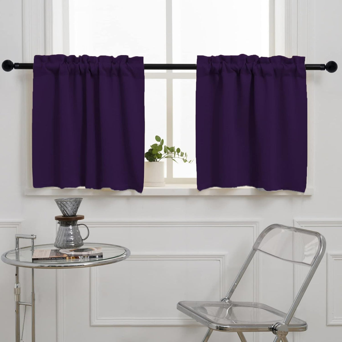 Pickluc Rod Pocket Tier Curtain - Half Blackout Curtain for Kitchen, Bathroom, Cabinet, Basement, 42 Inches Wide and 24 Inches Long, Purple, 2 Panels