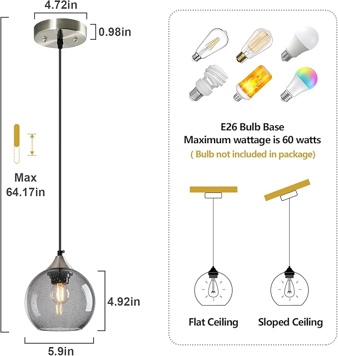 Light Grey Glass Pendant Lights Kitchen Island Globe Pendant Light Fixtures Modern Pendant Lighting for Bedroom Living Dining Room Light Fixture (5.9 in, 1 Pack)