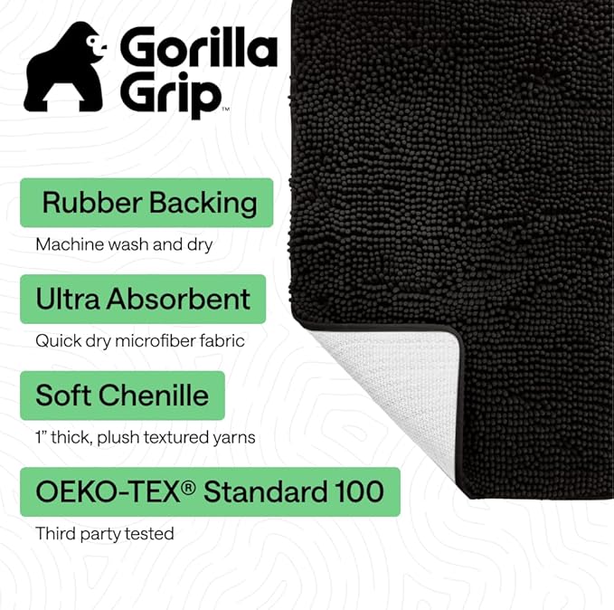 GORILLA GRIP Bath Rug Mat 42x24, Thick Soft Absorbent Chenille, Quick Dry Microfiber Mats, Rubber Backing Washable Shower Floor Rugs, Bathmat Runner, US Designed Bathroom Home Decor Accessories Black