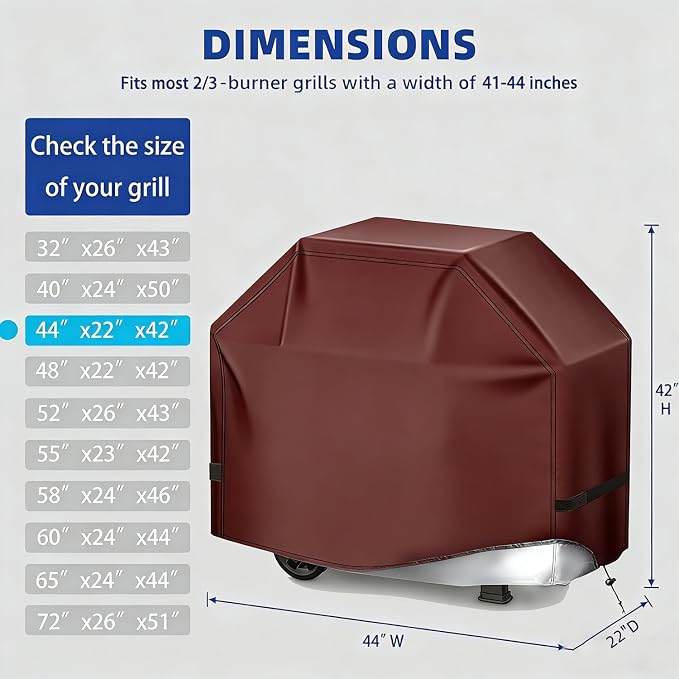 BBQ Gas Grill Cover for Outdoor, Anti-UV, Rip-Proof, 600D Oxford Fade Resistant Material, Barbecue Cover with Hook and Loop Straps & Adjustable Hem Drawstring (Reddish Brown, 44”x22”x42”)