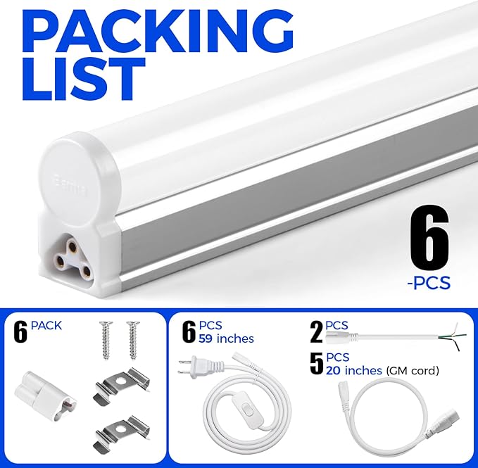 Barrina 6 Pack LED T5 Single Fixture, 4000K Daylight Glow, Utility Shop Light