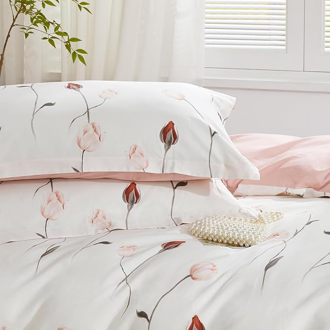 SAPHREAS Rose Duvet Cover Set 2pcs Twin Size Pink Red Floral Bedding Comforter Cover Set 100% Cotton 1 Duvet Cover 68"x90" 1 Pillow Sham, Comforter Not Included