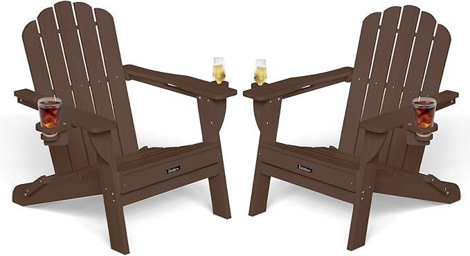 Adirondack Chairs Set of 2, HDPE Material Fire Pit Chairs, Plastic Adirondack Chairs with 2 Cup Holder, Outdoor Lawn Chair for Patio Garden, Brown