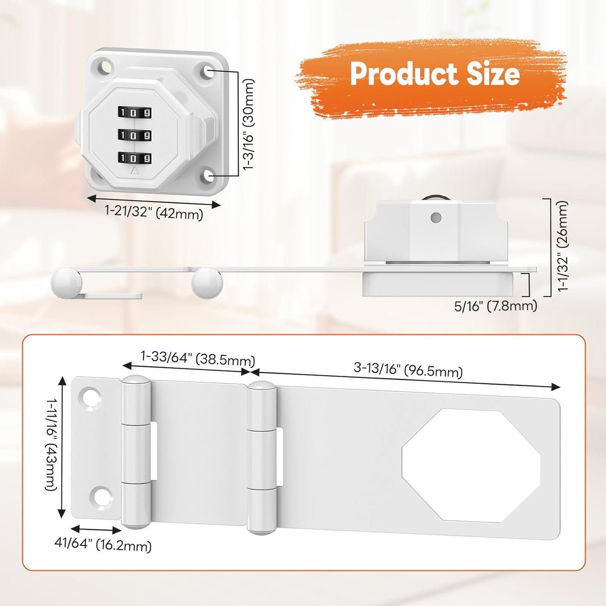 90 Degree 3-Digit Combination Cabinet Lock, Zinc Alloy Keyless Folding Hasp Lock Latch, Password Security Rotary Door Latch for Office File Cabinet, Drawer, Locker, Cupboard (2, White)