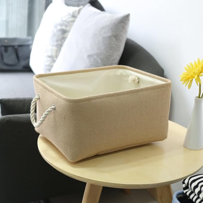 TheWarmHome Decorative Basket Rectangular Small Storage Basket Fabric Storage Bin Organizer Basket with Handles for Clothes Storage (Beige, 11.8L??7.9W??5.2H inch)