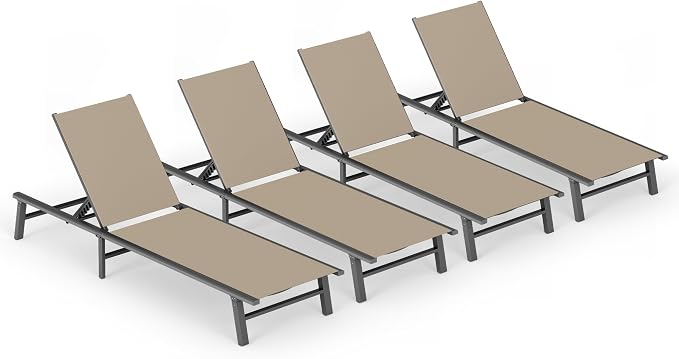 Ciokea Foldable Outdoor Lounge Chair Set of 4, No Assembly Aluminum Chaise Lounge Outdoor with 5-Positions, Aluminum Pool Lounge Chairs with Portable Design for Pool, Deck, Beach, Patio (Khaki)