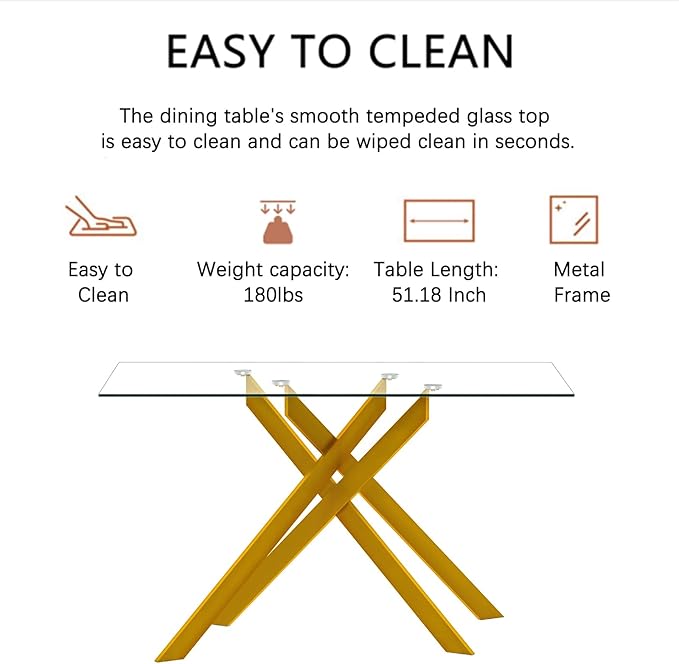 51.18" Glass Dining Table for 4-6, Dining Room Table with Clear Tempered Glass and Gold Metal Legs, Modern Rectangular Kitchen and Dining Room Dinner Table for Kitchen