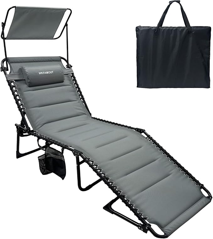 Outdoor Folding Lounge Chair with Removable Canopy & Pillow, Padded Reclining Chaise Lounge Chair 5-Position Heavy Duty Beach Chair for Patio, Beach, Pool, Camping