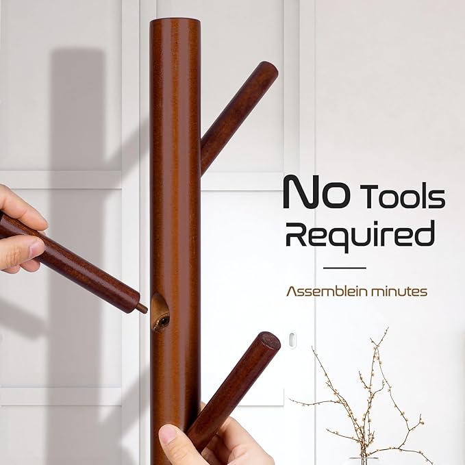 Solid Wooden Coat Rack Freestanding, New Zealand Pine Coat Tree with 8 Hooks & 3 Adjustable Sizes for Coats, Hats, Handbags and Scarves, Space Saving for Entryway/Office/Bedroom (Brown)