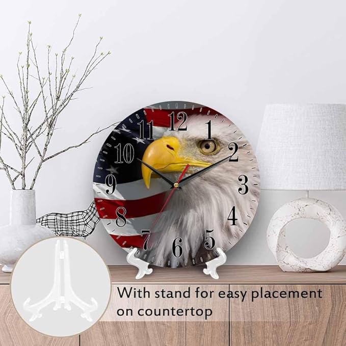 Mxocom American Bald Eagle Wall Clock USA Flag Majestic Bird Freedom 10 Inch