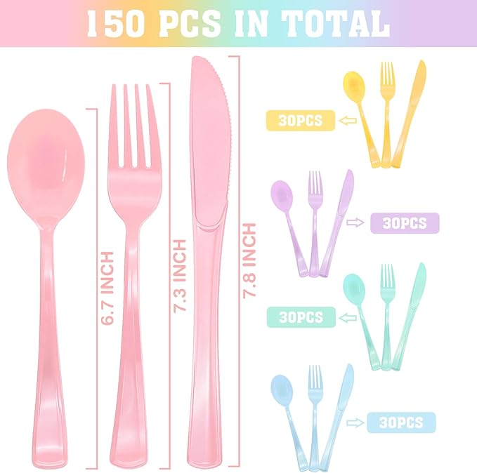 150 Pcs Pastel Plastic Silverware Heavy Duty Iridescent Utensils Plastic Pastel Silverware Disposable Includes 50 Forks 50 Knives 50 Spoons for Easter, Birthday, Baby Shower, Garden Party, Wedding
