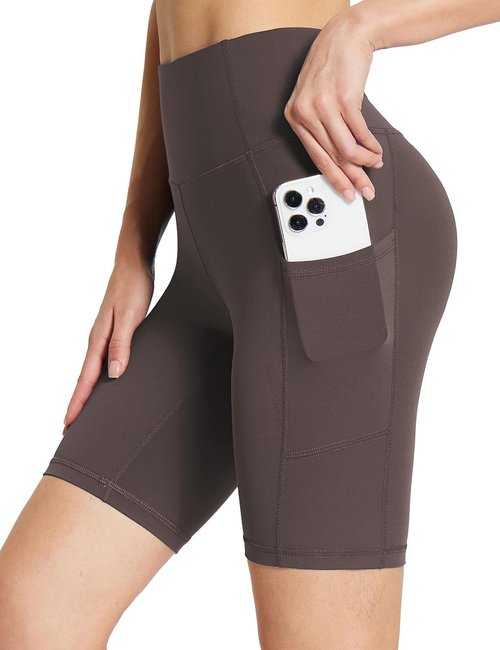Baleaf Women's High-Waisted Spandex Biker Shorts - 8" Compression with Pockets | Brown XXXL