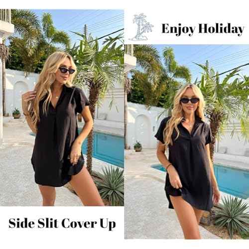 AI'MAGE Women's Swimsuit Coverup V Neck Bathing Suit Cover Up Shirt Short Sleeves Beach Bikini Swimwear Dress S-3XL