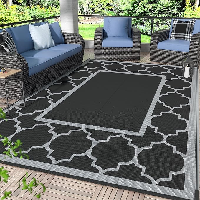 GENIMO Outdoor Rug Waterproof for Patio Decor, 6'x9' Reversible Plastic Straw Rug Carpet, Camping Mats for Outdoor, RV, Backyard, Deck, Balcony, Picnic, Black & Grey