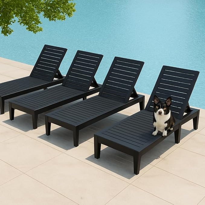 Outdoor Chaise Lounge Chairs Set of 4, 5-Position Adjustable Tanning Lounge Chairs with Wood Texture, All-Weather Resin Patio Lounge Chair for Pool, Garden, Deck, Beach, Striped Black