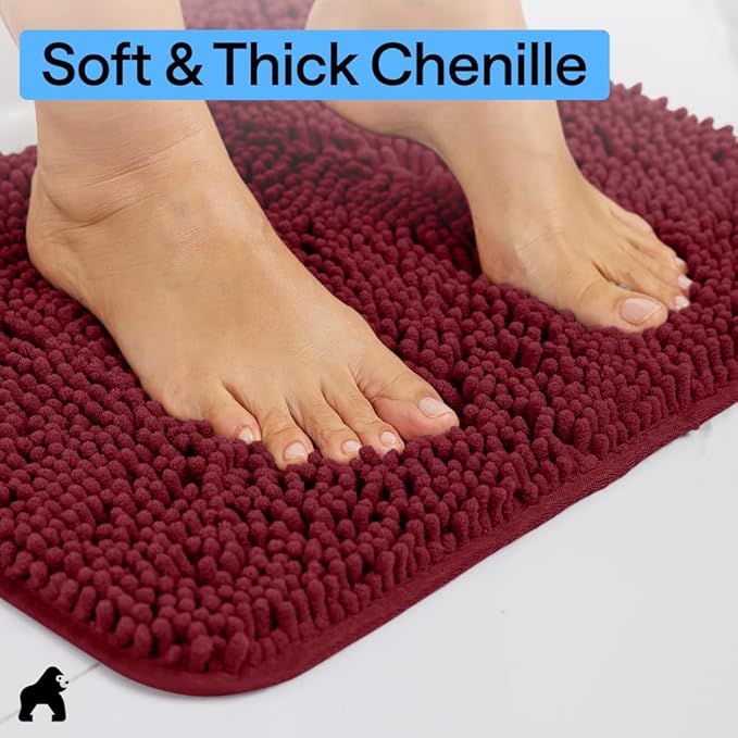 GORILLA GRIP Bath Rug Mat 60x24, Soft Absorbent Chenille, Quick Dry Microfiber Mats, Rubber Backing Washable Shower Floor Rugs, Bathmat Runner, US Designed Bathroom Home Decor Accessories Burgundy