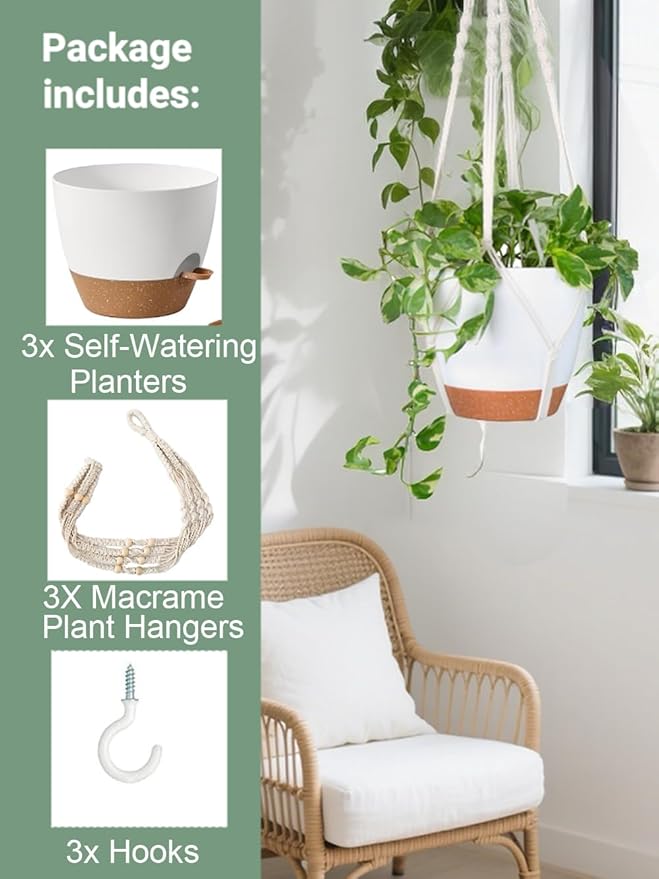 Bouqlife Hanging Planters with Macrame Plant Hangers for Indoor Outdoor Plants 3 Set Self Watering Pots Hanging Baskets Flower Pot Holders 3 Different Size