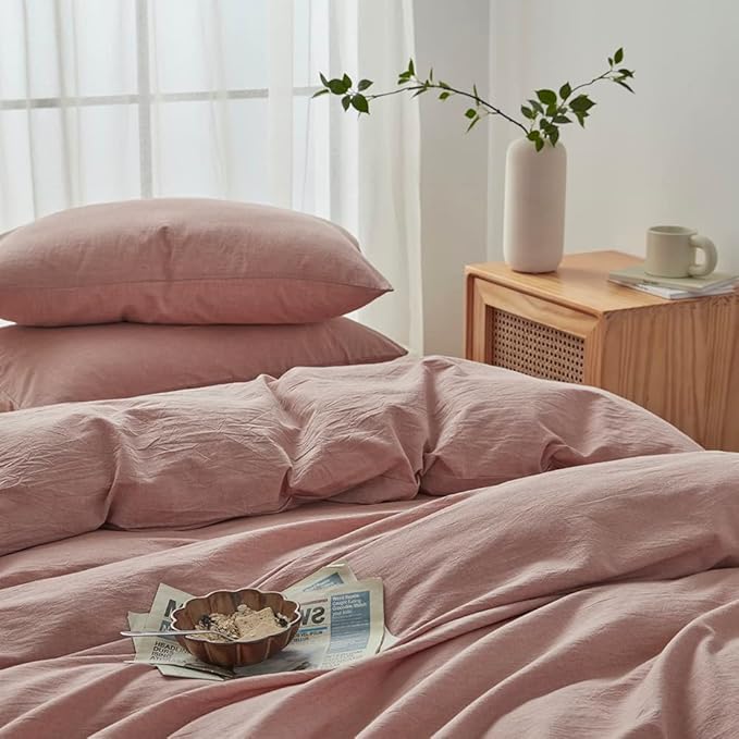 Face Two Face Bedding Duvet Cover Set 3 Pieces 100% Washed Cotton Duvet Cover Linen Like Textured Breathable Durable Soft Comfy (California King, Old Pink)