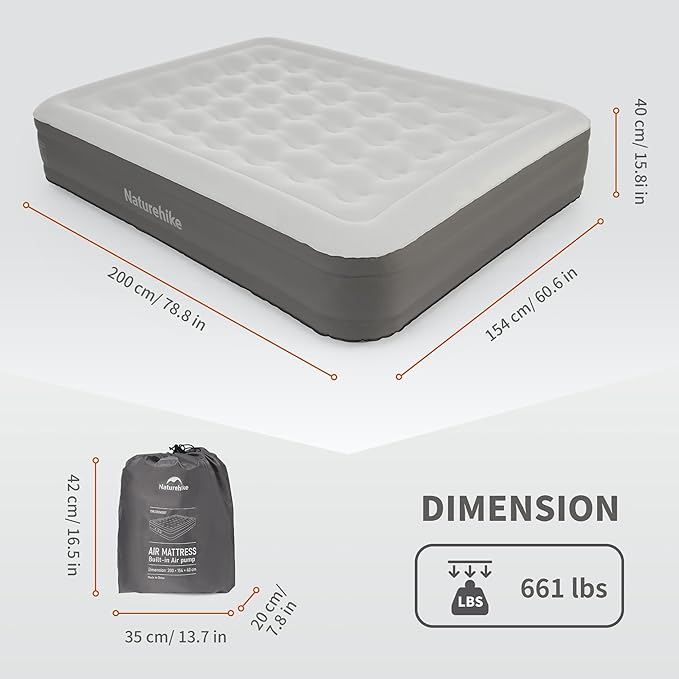Naturehike Pongee Fabric Queen Air Mattress with Self-Stop High-Speed Built in Pump, 15.8" Thicken Deluxe Blow Up Mattress Waterproof, 2-Min Fast Inflatable Airbed for Home, Camping, Guests, Travel