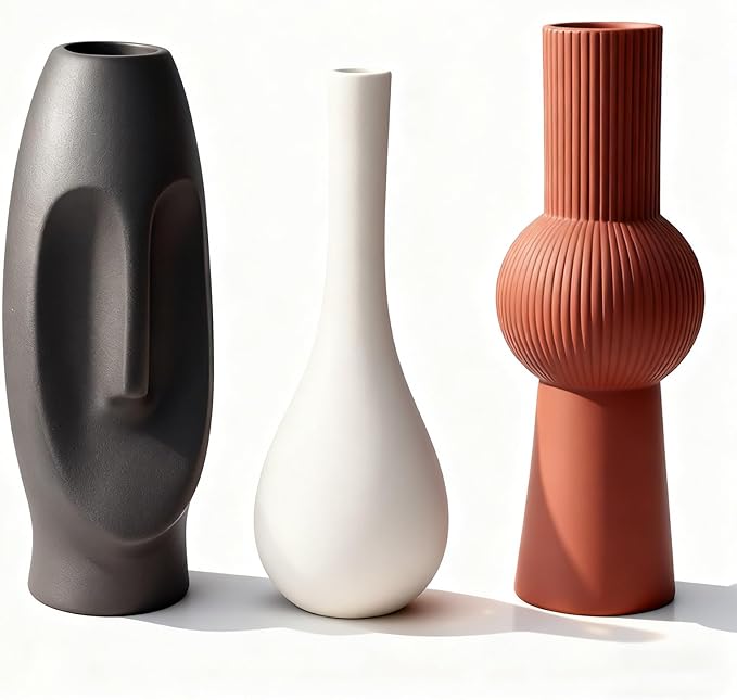 Modern Ceramic Vase Set of 3 with Creative Easter Island Moai Abstract and Grooved/Teardrop Design, Perfect for Pampas Grass, Fall Decor, Boho and Farmhouse Home Living Room Decor